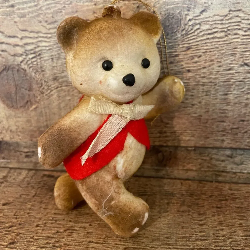 Vintage 1960’s Flocked Teddy Bear Christmas Ornaments-set Of 2 Red Felt/Bow Ties